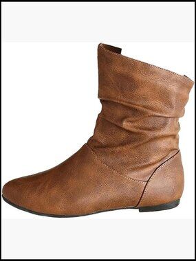 Women's Leather Slouchy Flat Ankle Boots Comfortable Round Toe Casual Pull On